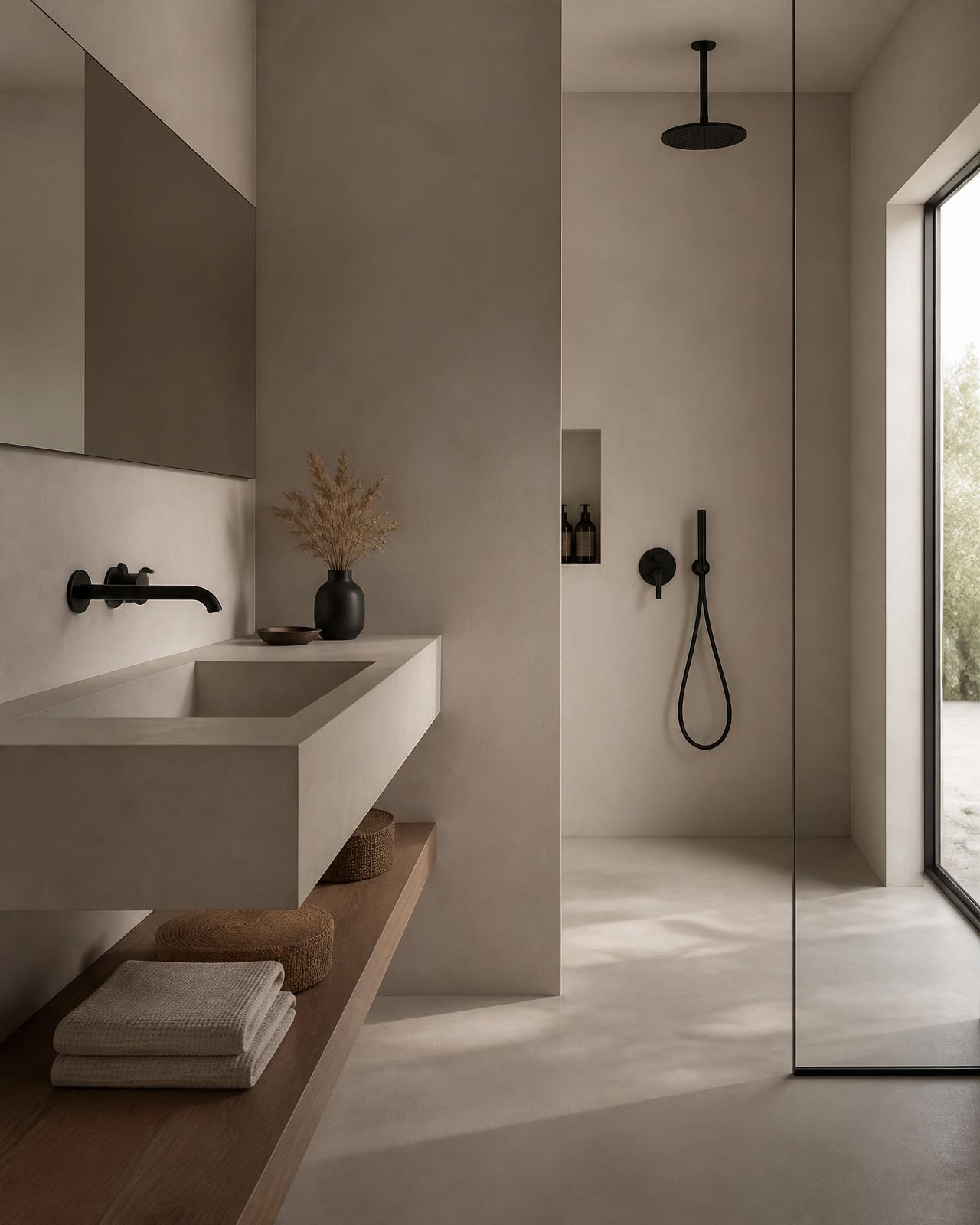 Badrum med fogfria microcementväggar och microcementgolv i Stockholm